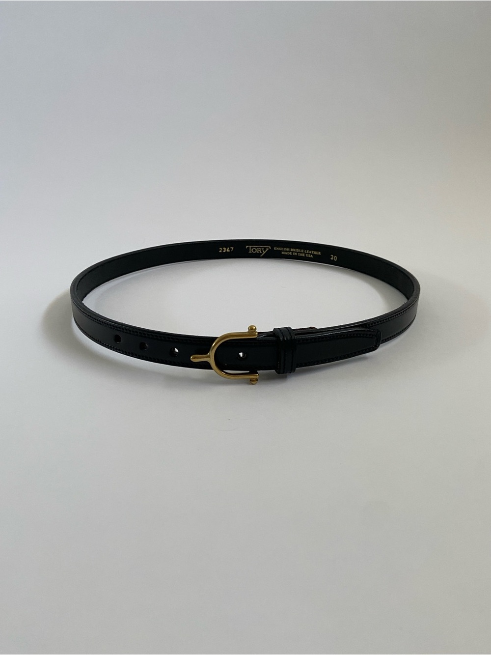 Tory Slim Black Leather Belt with Gold Spur Buckle